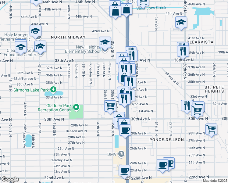 map of restaurants, bars, coffee shops, grocery stores, and more near 3482 34th Avenue North in Saint Petersburg