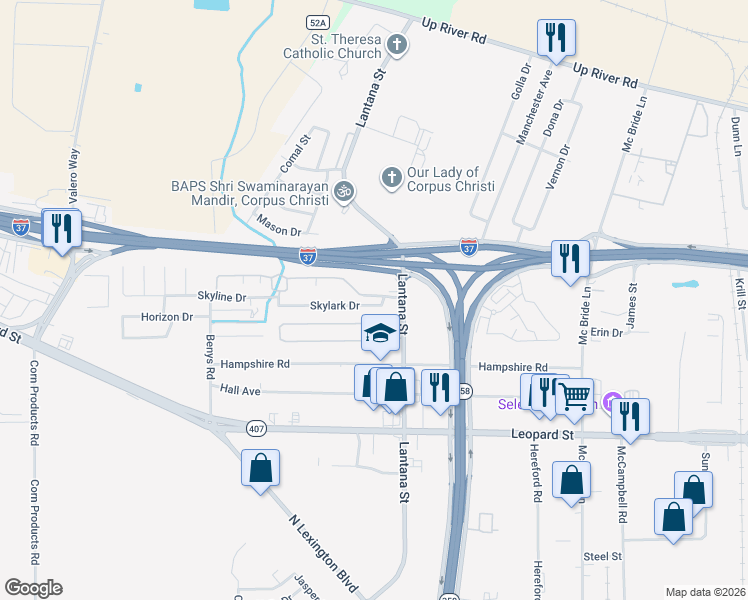 map of restaurants, bars, coffee shops, grocery stores, and more near 5714 Skylark Drive in Corpus Christi