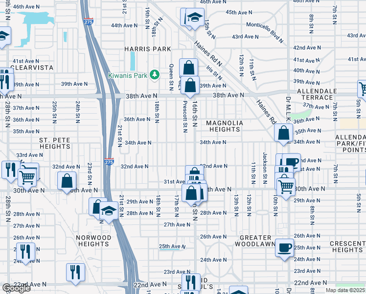 map of restaurants, bars, coffee shops, grocery stores, and more near 3330 Prescott St N in St Petersburg
