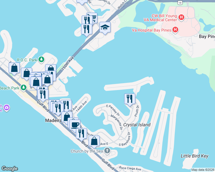 map of restaurants, bars, coffee shops, grocery stores, and more near 800 Bay Point Drive in Madeira Beach