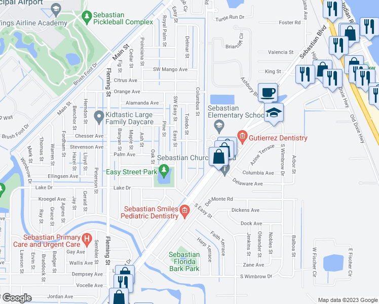 map of restaurants, bars, coffee shops, grocery stores, and more near 419 Toledo Street in Sebastian
