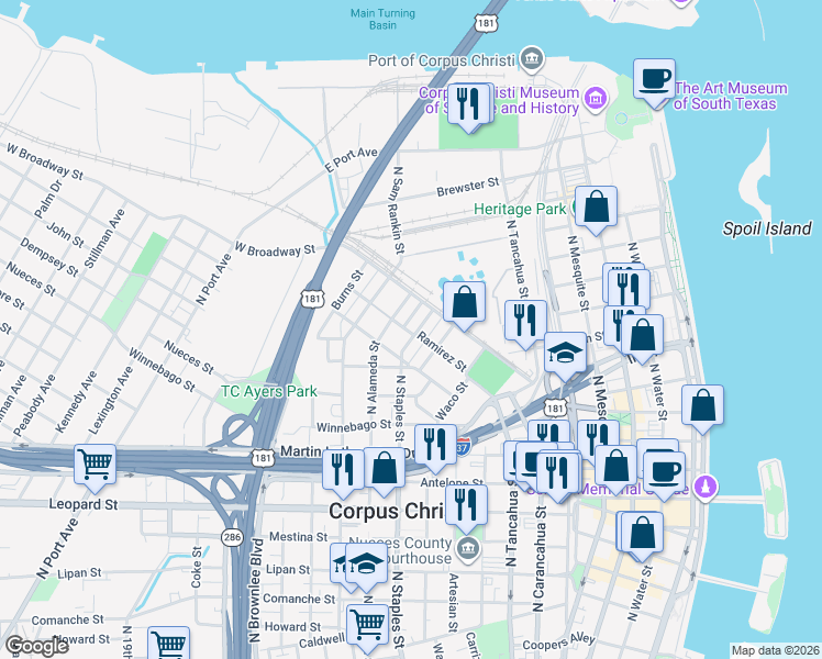 map of restaurants, bars, coffee shops, grocery stores, and more near 1301 North Staples Street in Corpus Christi