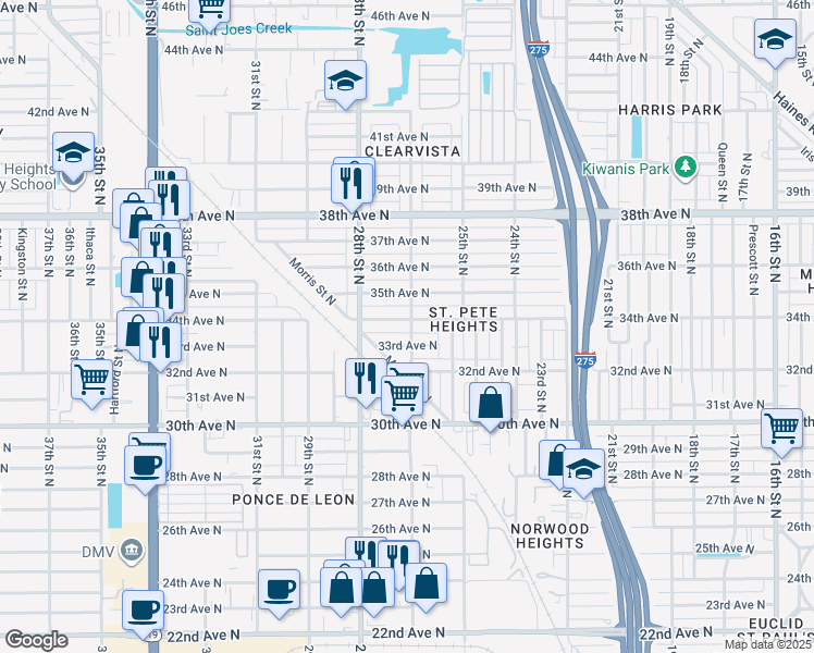 map of restaurants, bars, coffee shops, grocery stores, and more near 2600 34th Avenue North in St. Petersburg