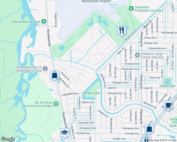 map of restaurants, bars, coffee shops, grocery stores, and more near 590 Cottonwood Rd in Sebastian