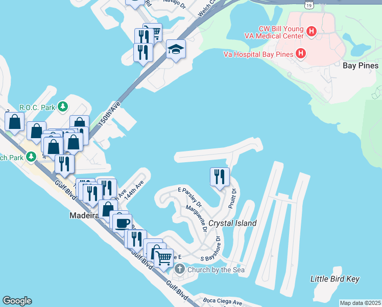 map of restaurants, bars, coffee shops, grocery stores, and more near 814 Bay Point Drive in Madeira Beach