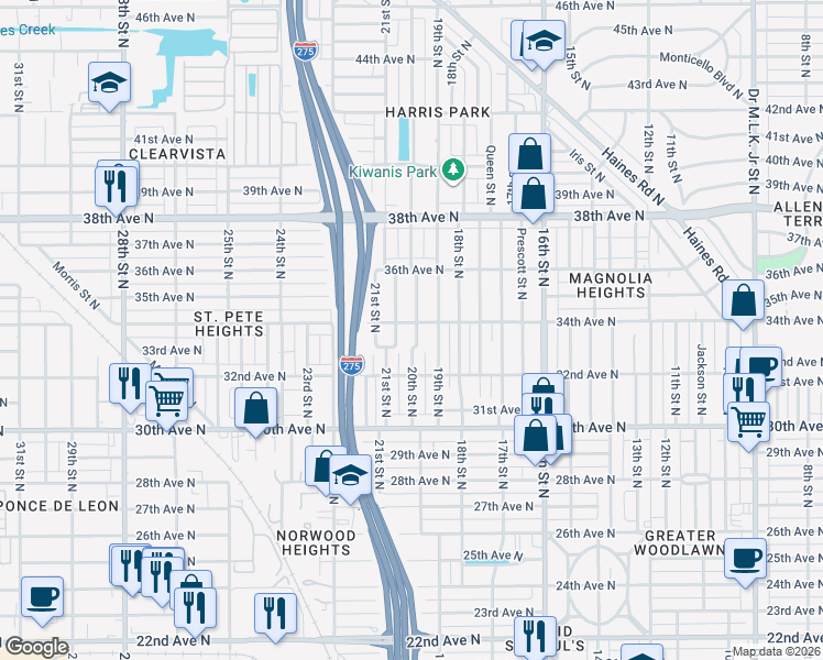 map of restaurants, bars, coffee shops, grocery stores, and more near 3336 20th Street North in Saint Petersburg