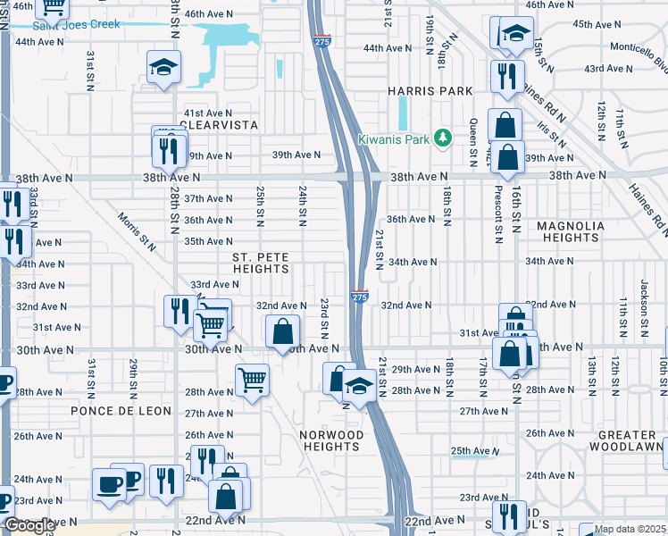 map of restaurants, bars, coffee shops, grocery stores, and more near 2226 34th Avenue North in Saint Petersburg