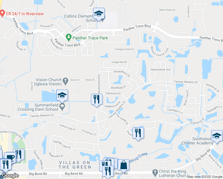map of restaurants, bars, coffee shops, grocery stores, and more near 11331 Blackbark Drive in Riverview