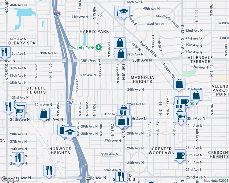 map of restaurants, bars, coffee shops, grocery stores, and more near 3330 Prescott Street North in St. Petersburg