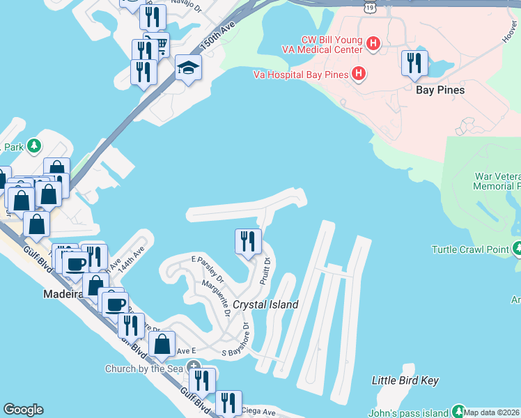 map of restaurants, bars, coffee shops, grocery stores, and more near 845 Bay Point Drive in Madeira Beach