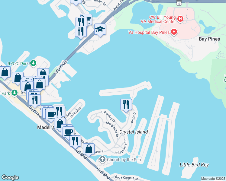 map of restaurants, bars, coffee shops, grocery stores, and more near 814 Bay Point Drive in Madeira Beach