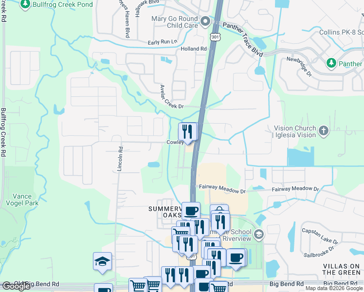 map of restaurants, bars, coffee shops, grocery stores, and more near 10319 Cowley Road in Riverview