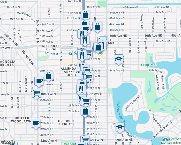 map of restaurants, bars, coffee shops, grocery stores, and more near 300 34th Avenue North in Saint Petersburg