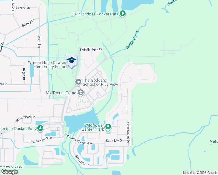 map of restaurants, bars, coffee shops, grocery stores, and more near 13040 Pennybrook Drive in Riverview