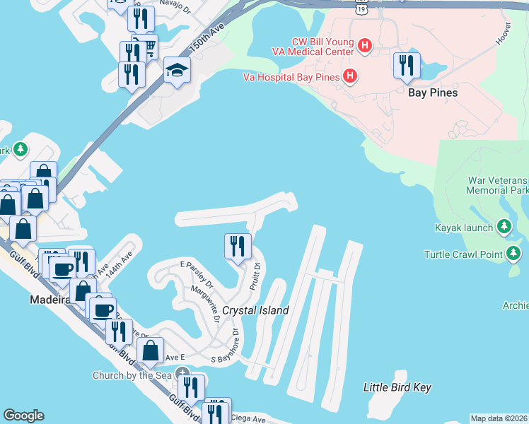 map of restaurants, bars, coffee shops, grocery stores, and more near 872 Bay Point Drive in Madeira Beach
