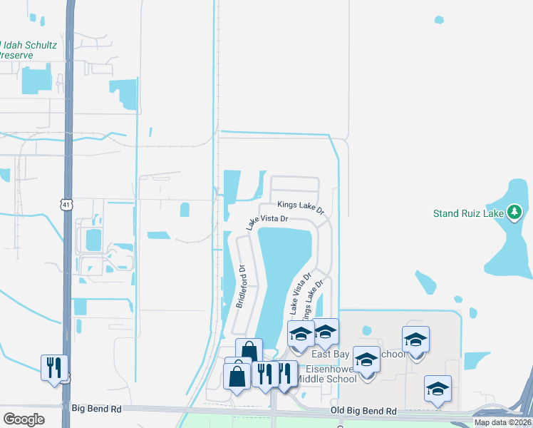 map of restaurants, bars, coffee shops, grocery stores, and more near 12720 Lake Vista Drive in Gibsonton