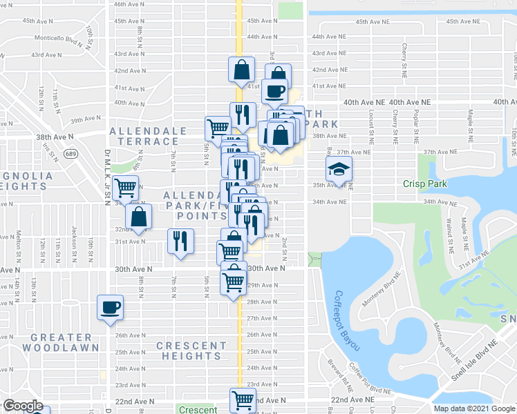 map of restaurants, bars, coffee shops, grocery stores, and more near 335 33rd Avenue North in St. Petersburg
