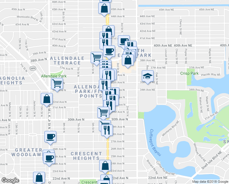 map of restaurants, bars, coffee shops, grocery stores, and more near 335 33rd Avenue North in St. Petersburg