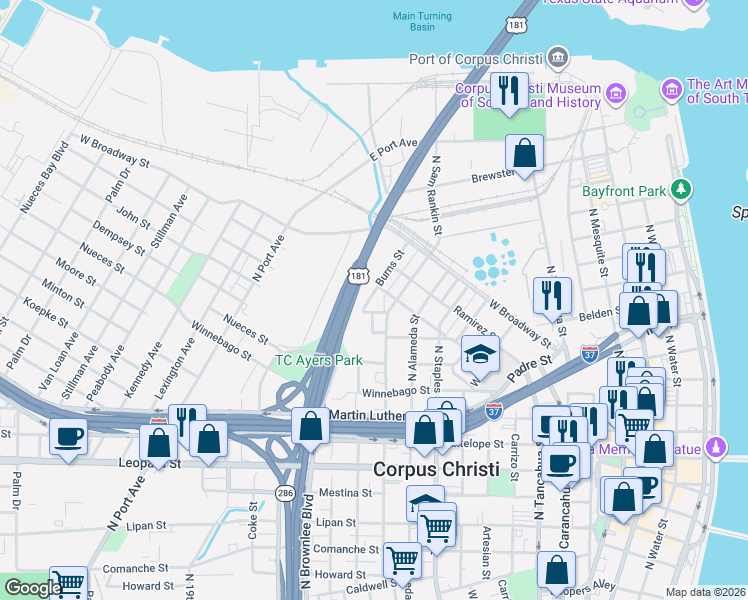 map of restaurants, bars, coffee shops, grocery stores, and more near 1404 Nueces Street in Corpus Christi