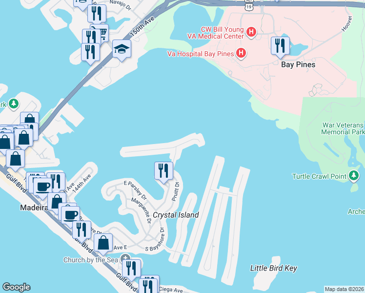 map of restaurants, bars, coffee shops, grocery stores, and more near 874 Bay Point Drive in Madeira Beach