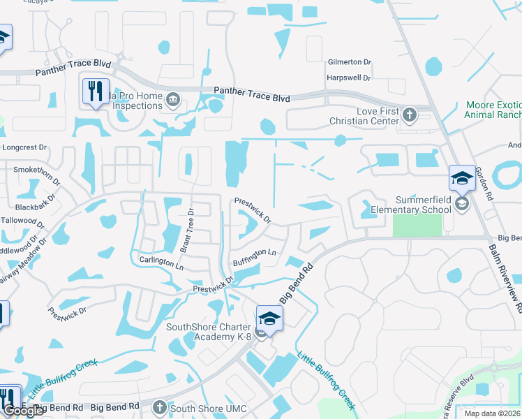 map of restaurants, bars, coffee shops, grocery stores, and more near 13348 Prestwick Drive in Riverview