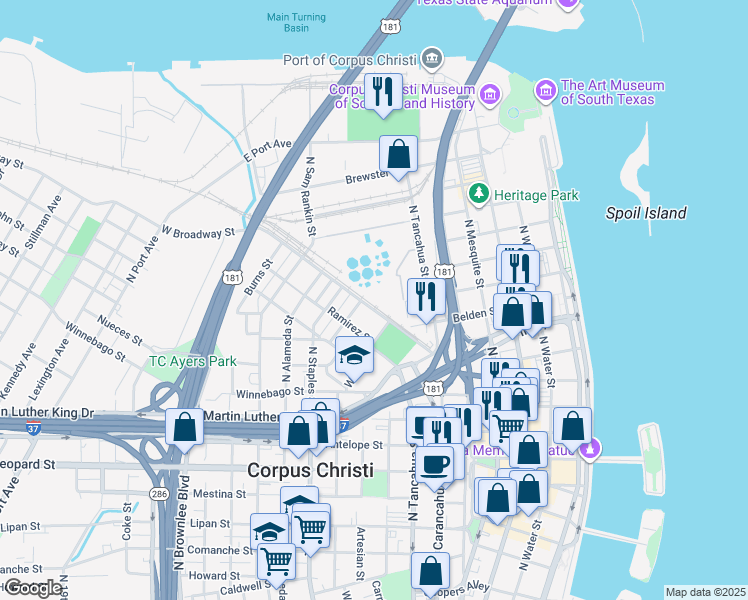 map of restaurants, bars, coffee shops, grocery stores, and more near in CORP CHRISTI