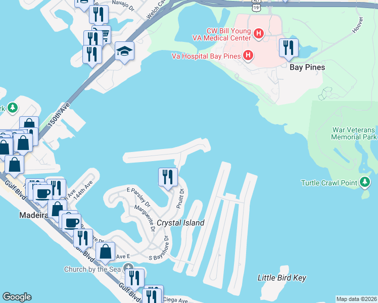map of restaurants, bars, coffee shops, grocery stores, and more near 872 Bay Point Drive in Madeira Beach