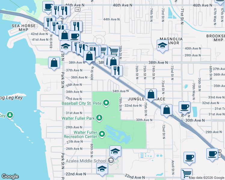 map of restaurants, bars, coffee shops, grocery stores, and more near 84 5th sttreet in St. Petersburg