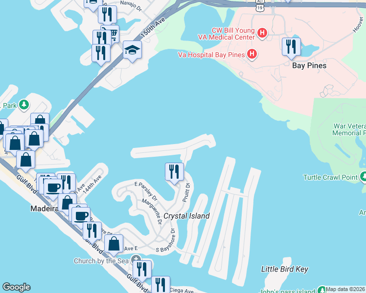 map of restaurants, bars, coffee shops, grocery stores, and more near 850 Bay Point Drive in Madeira Beach