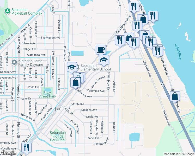 map of restaurants, bars, coffee shops, grocery stores, and more near 450 Azine Terrace in Sebastian