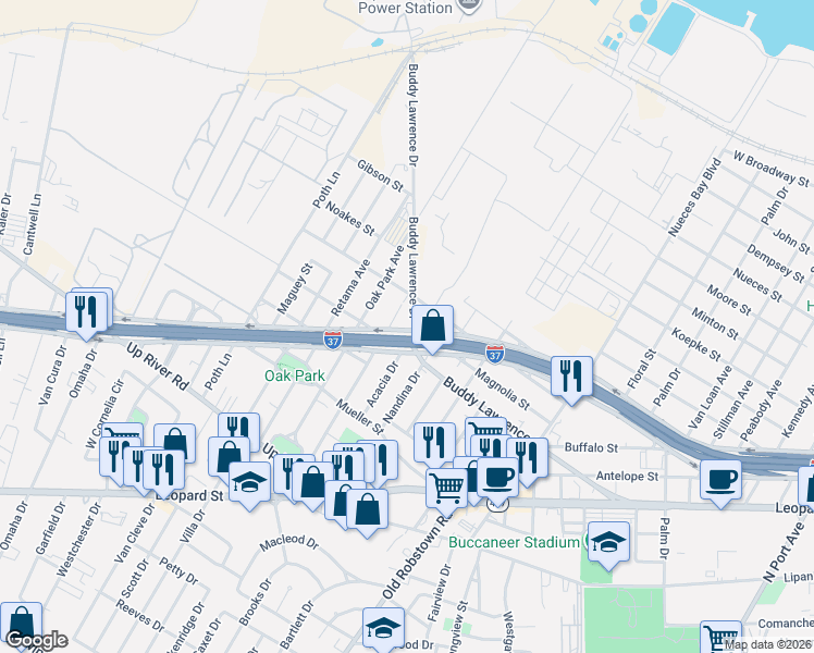 map of restaurants, bars, coffee shops, grocery stores, and more near 3321 Buddy Lawrence Drive in Corpus Christi