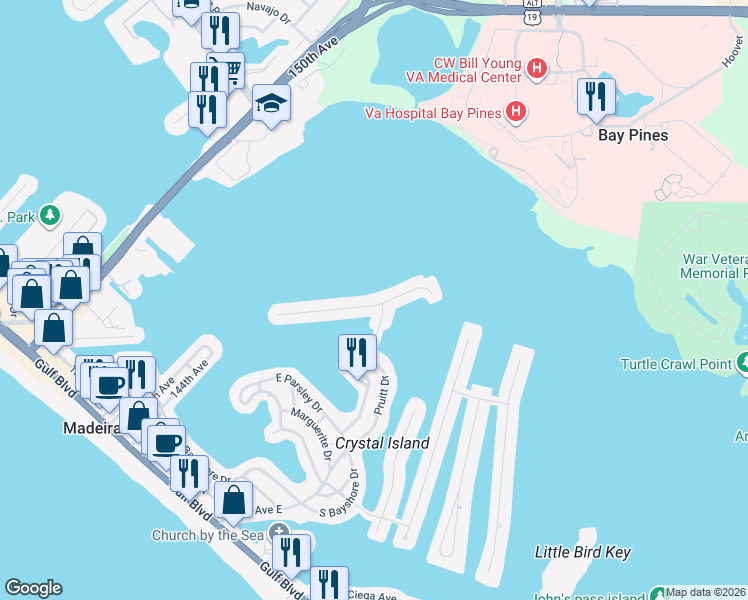 map of restaurants, bars, coffee shops, grocery stores, and more near 850 Bay Point Drive in Madeira Beach