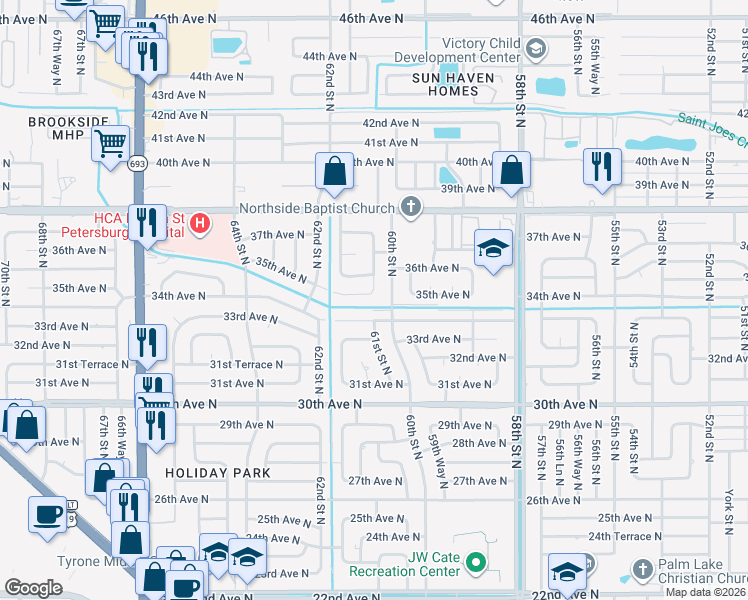 map of restaurants, bars, coffee shops, grocery stores, and more near 6127 34th Avenue North in St. Petersburg