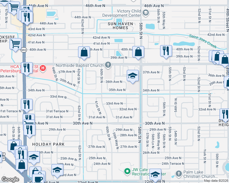 map of restaurants, bars, coffee shops, grocery stores, and more near 5951 34th Avenue North in St. Petersburg