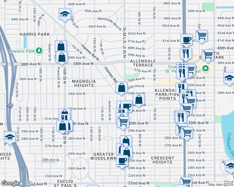 map of restaurants, bars, coffee shops, grocery stores, and more near 3840 10th Street North in St. Petersburg