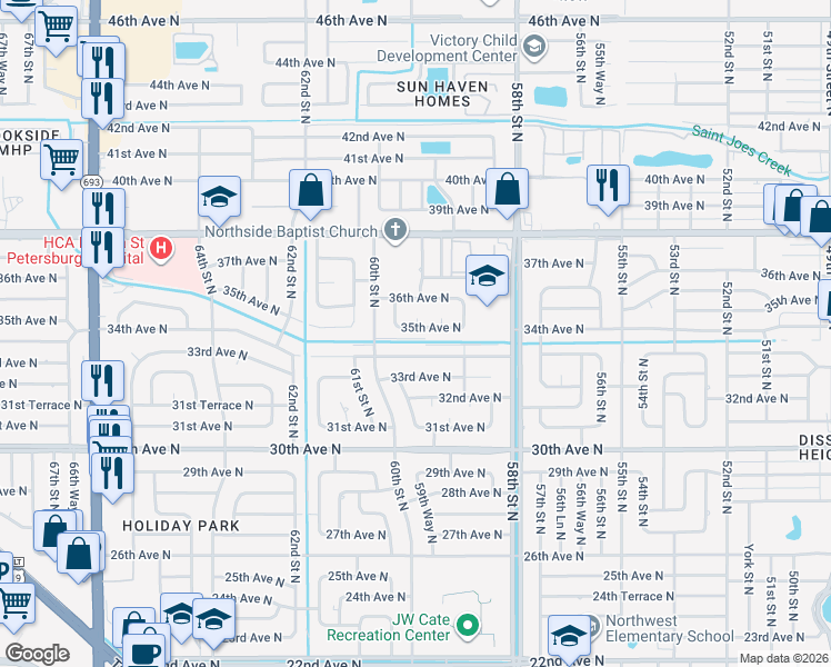 map of restaurants, bars, coffee shops, grocery stores, and more near 5960 35th Avenue North in St. Petersburg