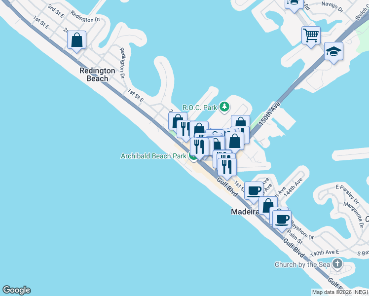 map of restaurants, bars, coffee shops, grocery stores, and more near in Madeira Beach