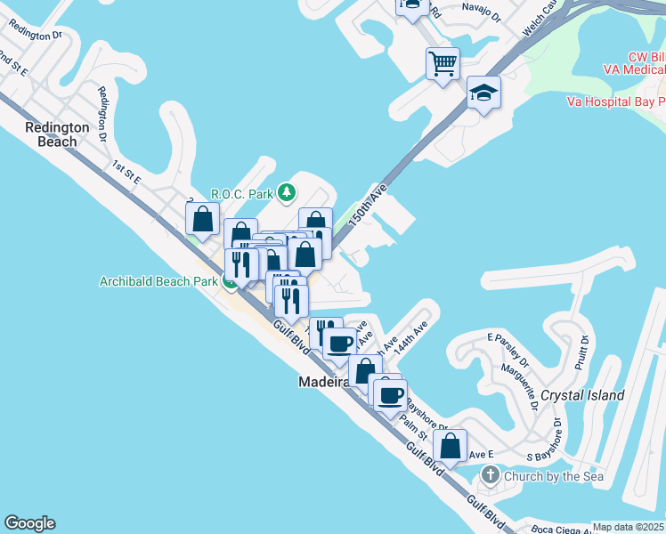 map of restaurants, bars, coffee shops, grocery stores, and more near 401 150th Avenue in Madeira Beach