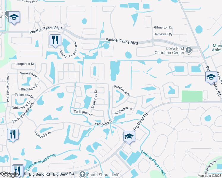 map of restaurants, bars, coffee shops, grocery stores, and more near 13314 Prestwick Drive in Riverview