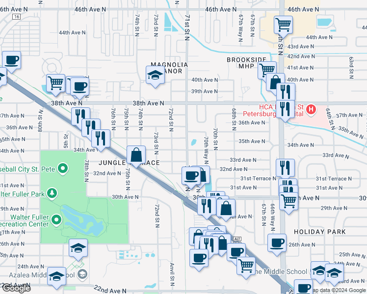 map of restaurants, bars, coffee shops, grocery stores, and more near 3400 71st Street North in Saint Petersburg