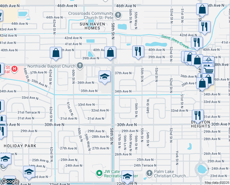 map of restaurants, bars, coffee shops, grocery stores, and more near 3346 57th Street North in St. Petersburg