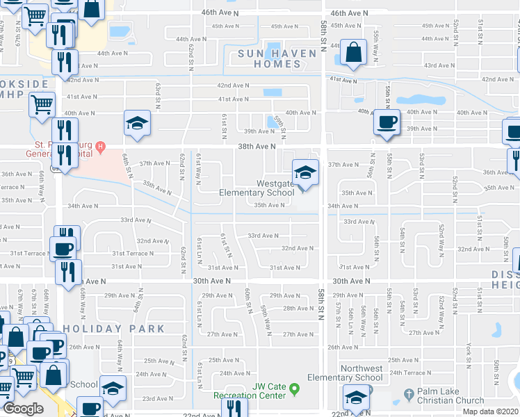 map of restaurants, bars, coffee shops, grocery stores, and more near 5951 34th Avenue North in St. Petersburg