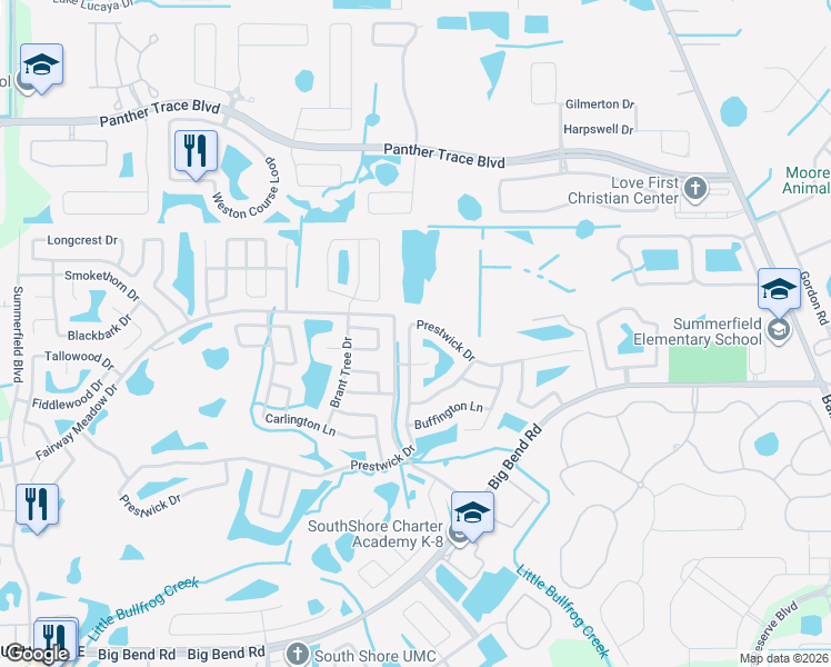 map of restaurants, bars, coffee shops, grocery stores, and more near 13313 Prestwick Drive in Riverview