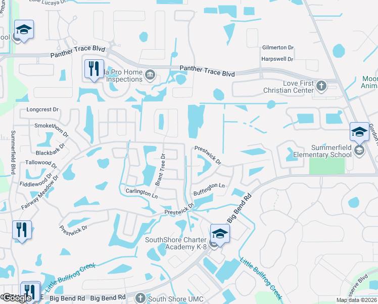 map of restaurants, bars, coffee shops, grocery stores, and more near 13306 Prestwick Drive in Riverview