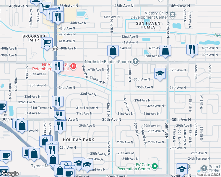 map of restaurants, bars, coffee shops, grocery stores, and more near 6187 34th Avenue North in St. Petersburg