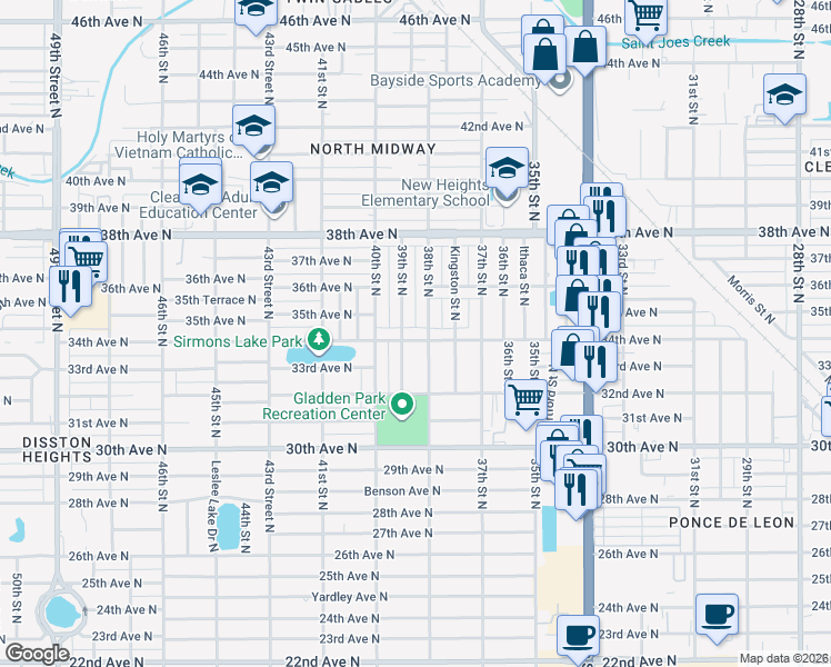map of restaurants, bars, coffee shops, grocery stores, and more near 3326 38th Street North in St. Petersburg