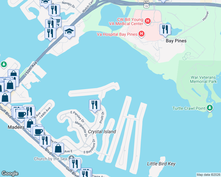 map of restaurants, bars, coffee shops, grocery stores, and more near 872 Bay Point Drive in Madeira Beach