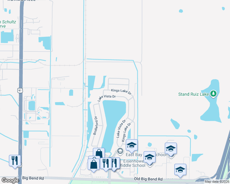 map of restaurants, bars, coffee shops, grocery stores, and more near 12713 Kings Lake Drive in Gibsonton
