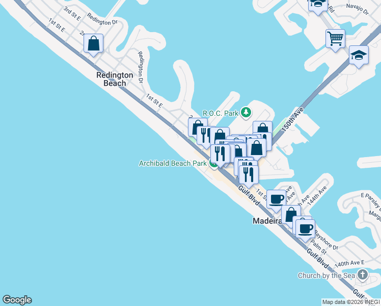 map of restaurants, bars, coffee shops, grocery stores, and more near 15208 Gulf Boulevard in Madeira Beach