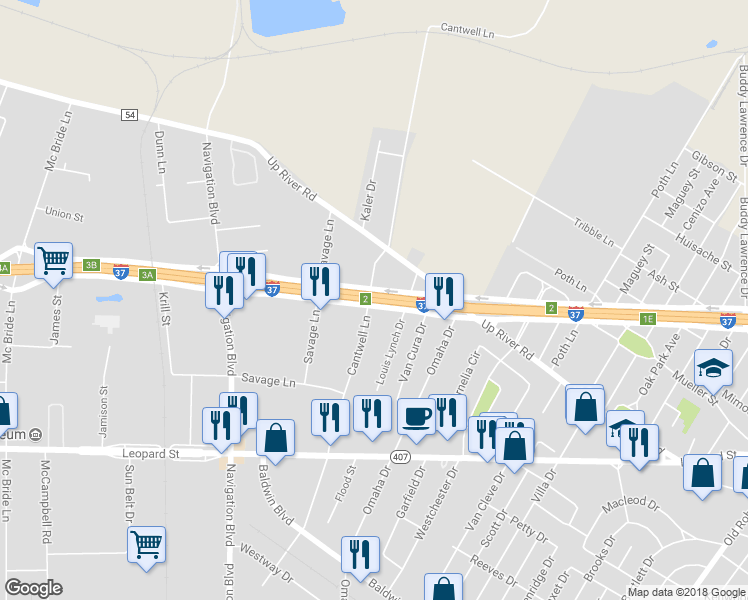 map of restaurants, bars, coffee shops, grocery stores, and more near Interstate 37 in Corpus Christi